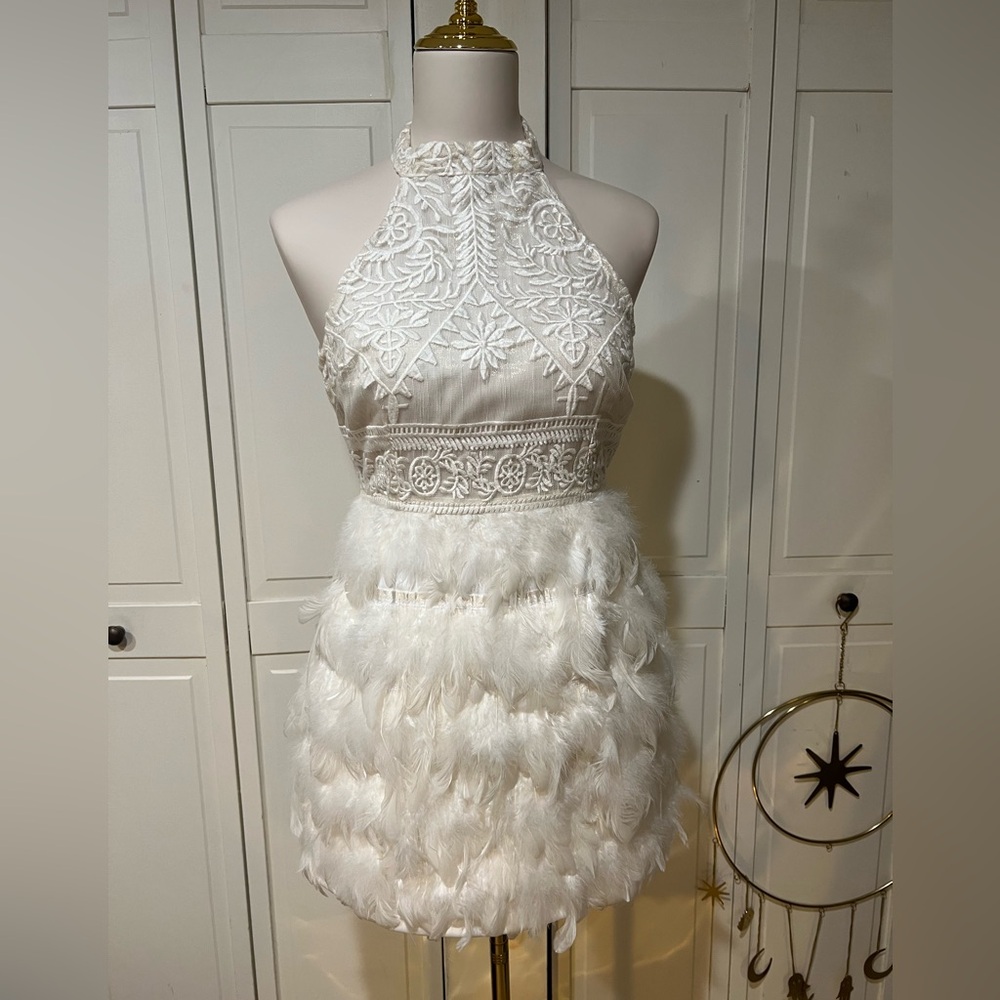 Elegant White Halter Dress with Feather Detail